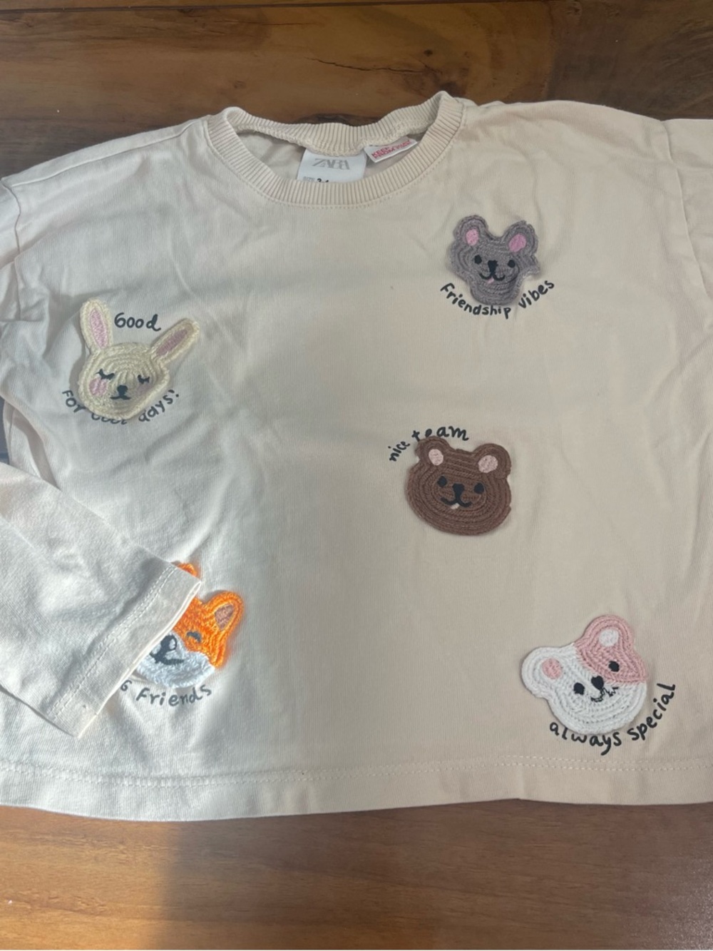 Zara Cream Long-Sleeve Top with Cute Animal Embroidered Patches 3-4